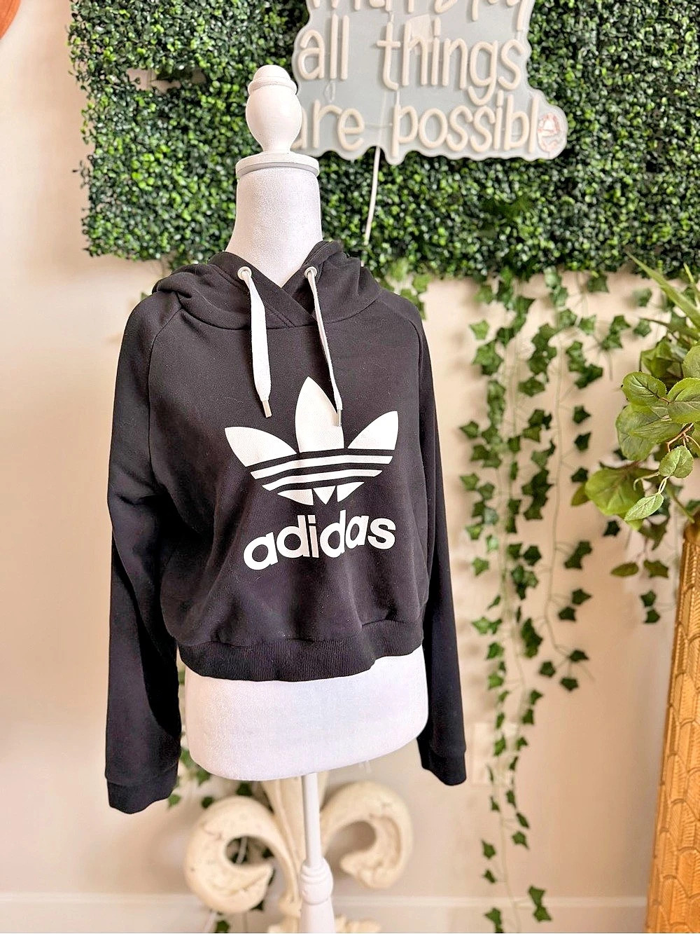 adidas Trefoil Cropped Hoodie in Black & White Size Medium